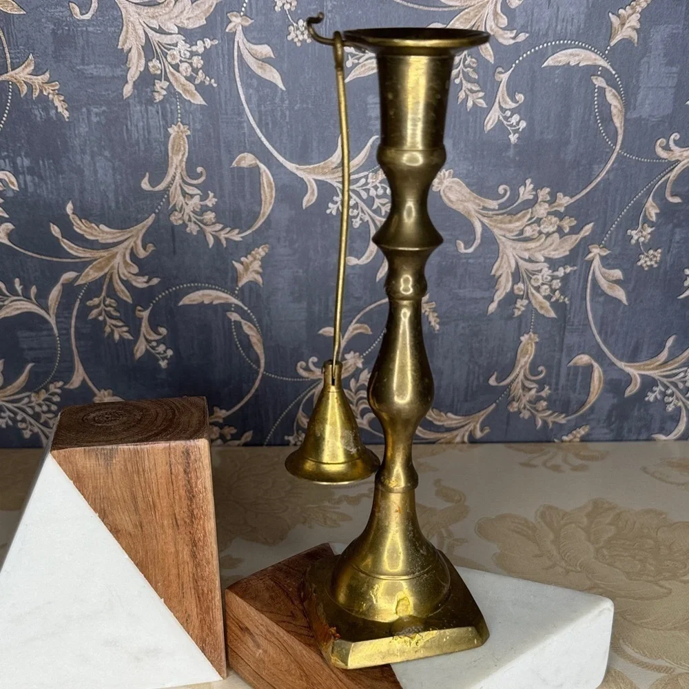 Vintage Brass Colonial Style Taper Candlestick with Attached Snuffer 8 2/3”